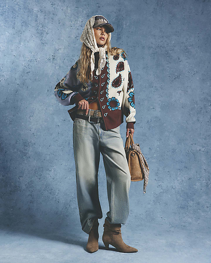 Blue Paisley Zip Through Knitted Cardigan