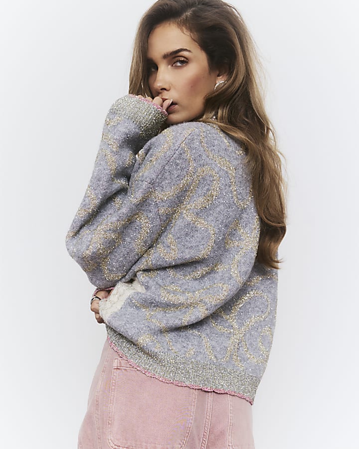 Grey Glitter Thread Swan Jumper