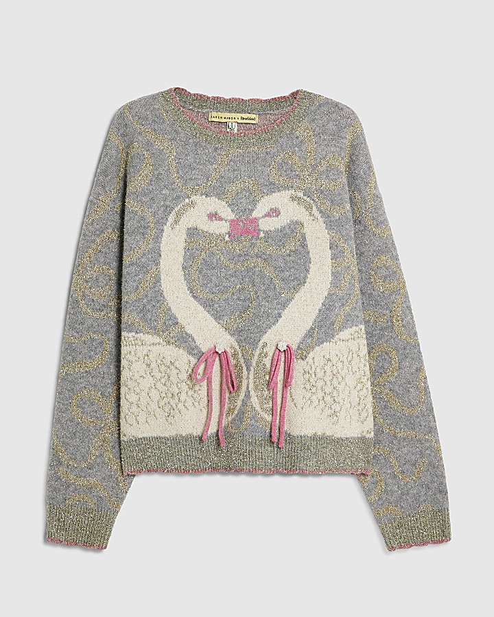 Grey Glitter Thread Swan Jumper