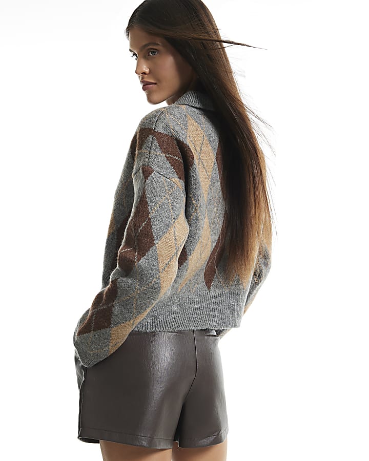 Grey Argyle Knit Long Sleeve Polo Top