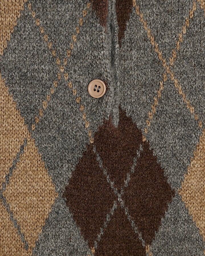 Grey Argyle Knit Long Sleeve Polo Top