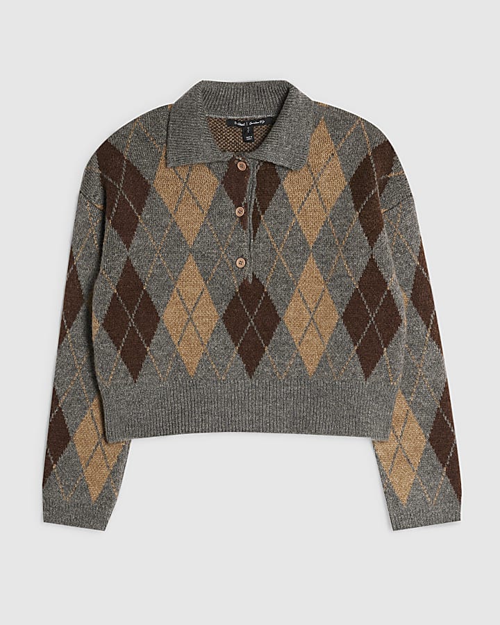 Grey Argyle Knit Long Sleeve Polo Top