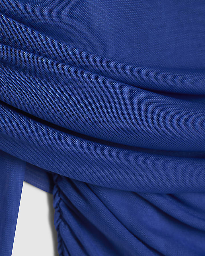 Blue Mesh Ruched Bardot Top
