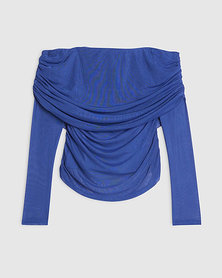 Blue Mesh Ruched Bardot Top
