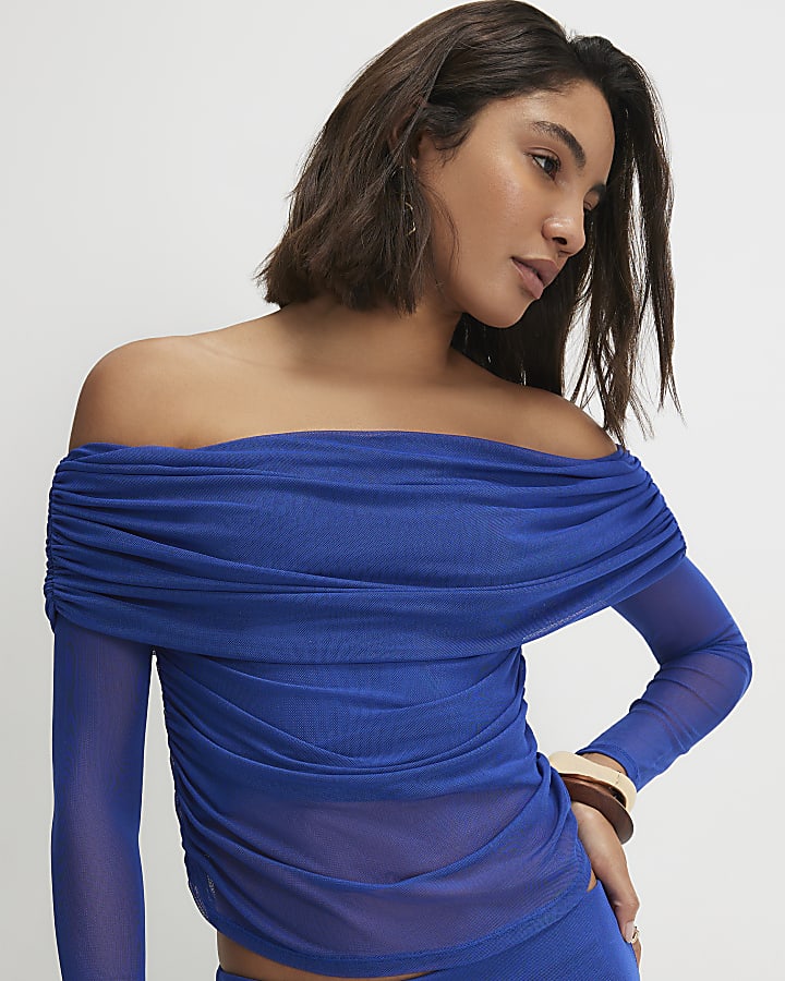 Blue Mesh Ruched Bardot Top