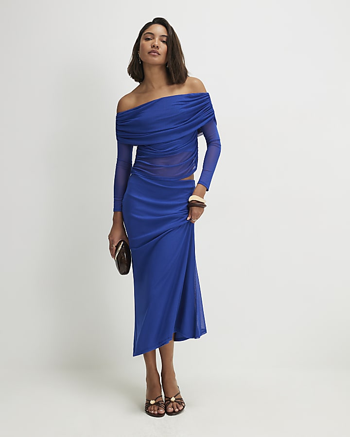 Blue Mesh Ruched Bardot Top