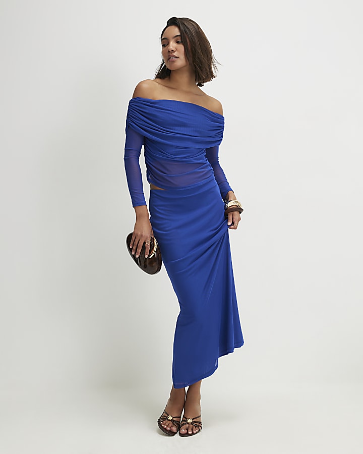 Blue Mesh Maxi Skirt
