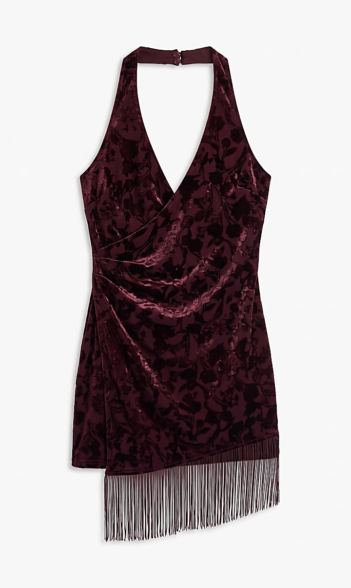 Burgundy Velvet Devore Fringe Dress