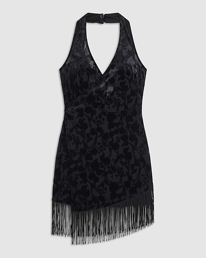 Black Velvet Devore Halter Neck Fringe Dress