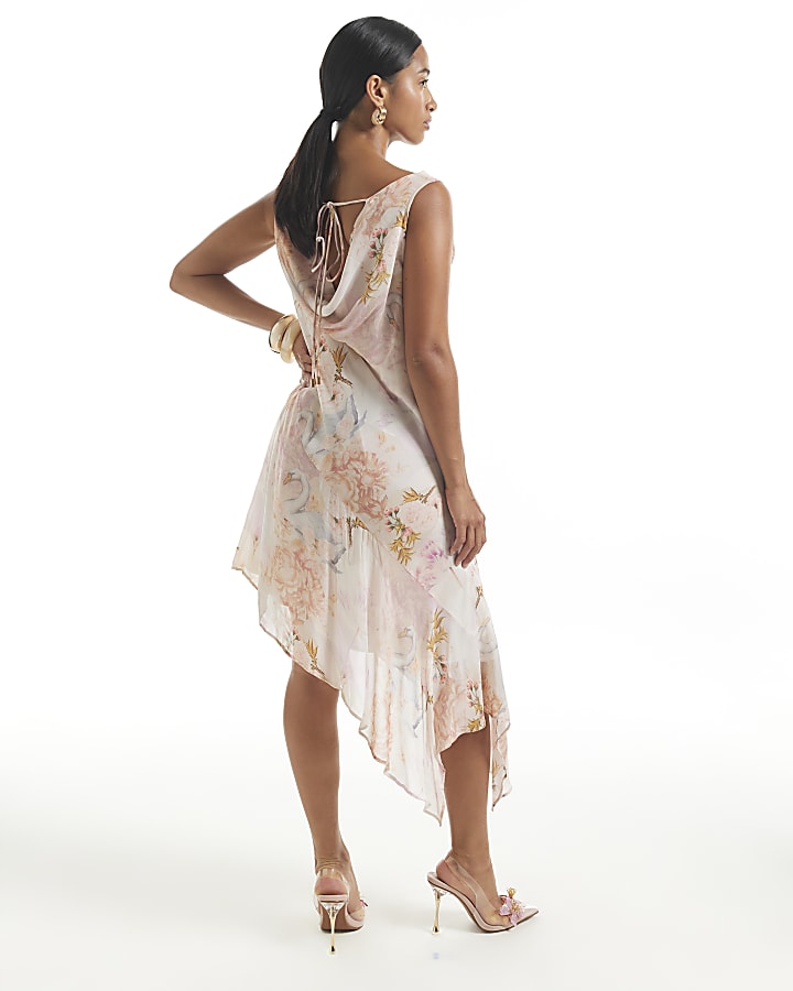 Petite Pink Swan Print Cowl Neck Mini Dress