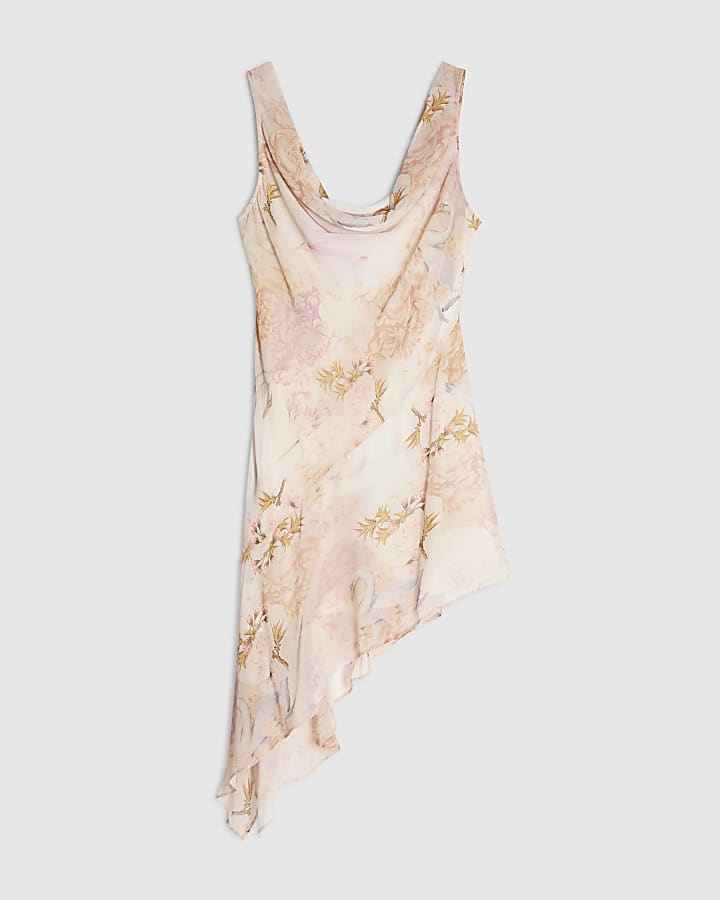 Petite Pink Swan Print Cowl Neck Mini Dress