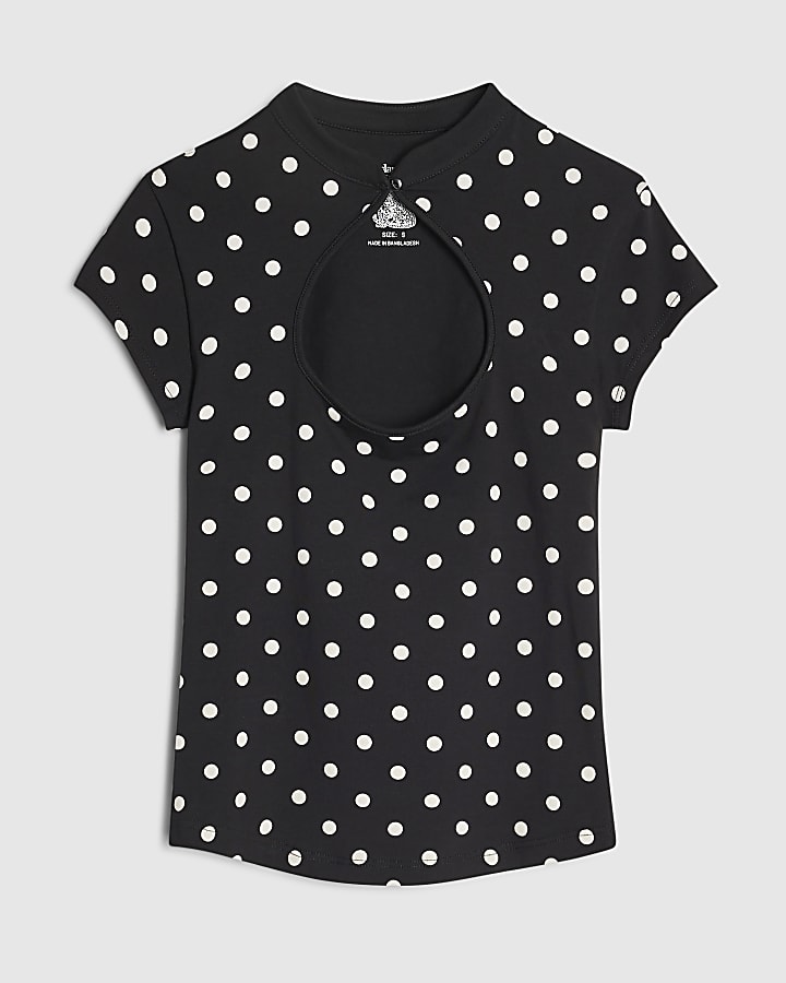 Black Keyhole Cut Out Polka Dot T-Shirt