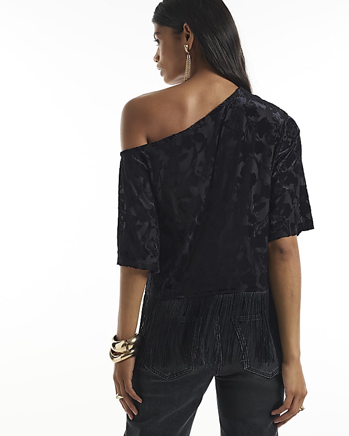 Black Devore One Shoulder Fringe Top