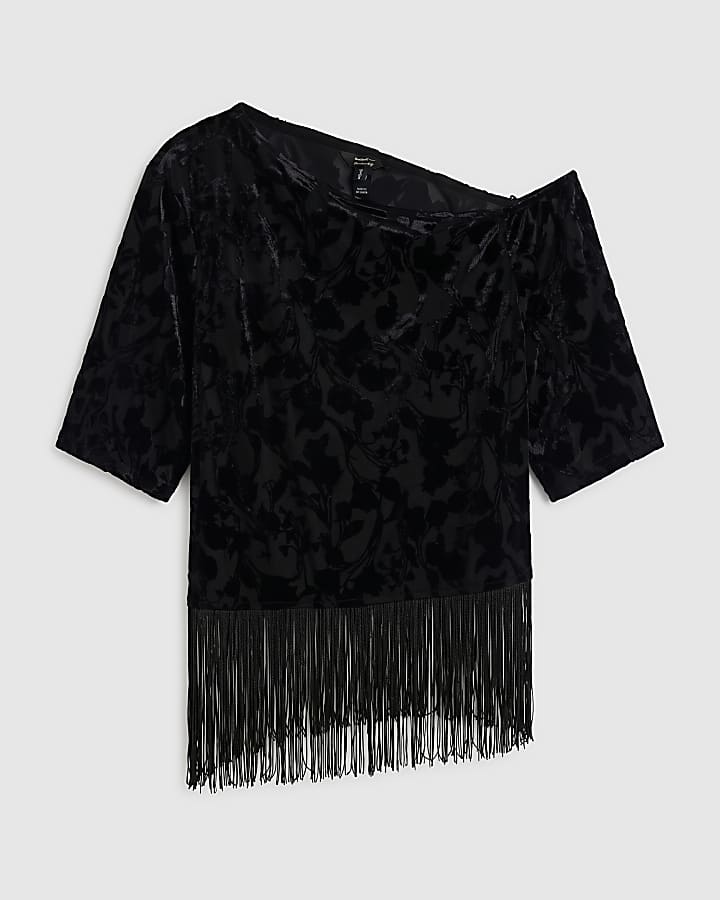 Black Devore One Shoulder Fringe Top