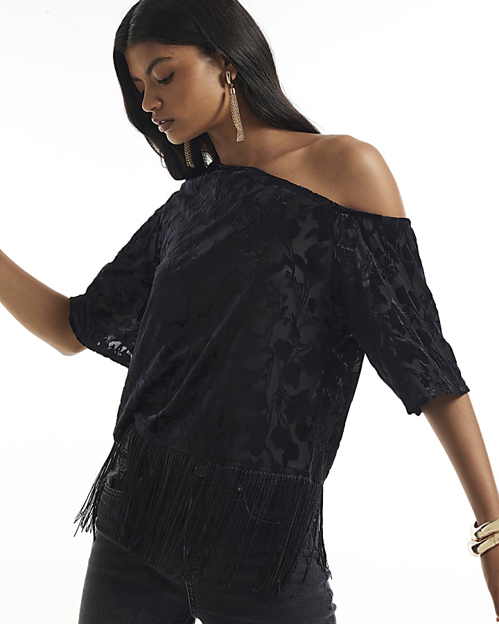 Black Devore One Shoulder Fringe Top