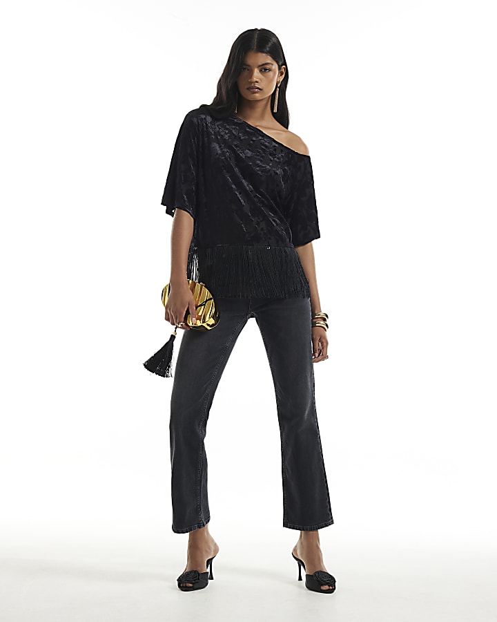 Black Devore One Shoulder Fringe Top