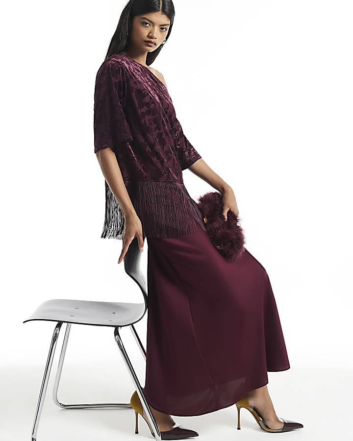 Burgundy One Shoulder Devore Fringe Top