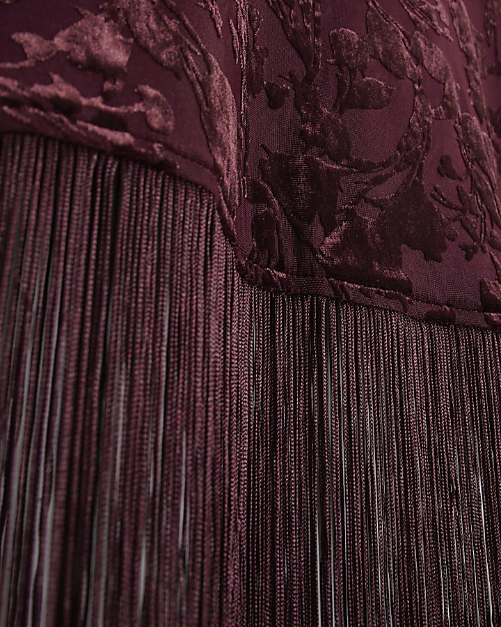 Burgundy One Shoulder Devore Fringe Top