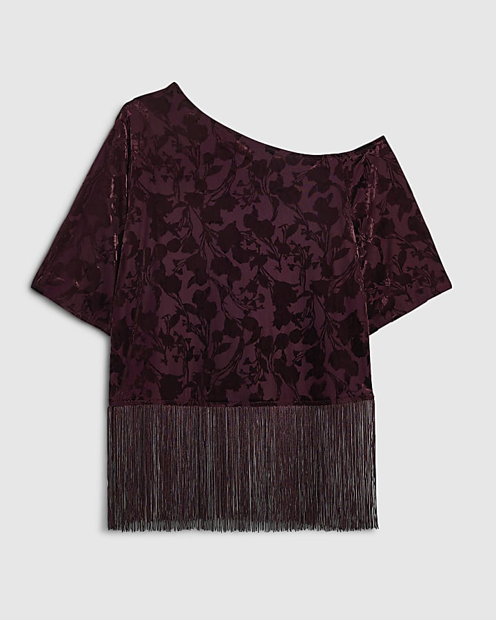 Burgundy One Shoulder Devore Fringe Top