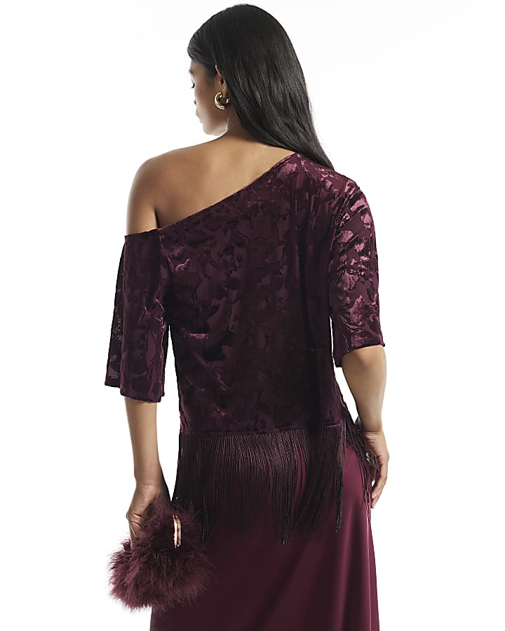 Burgundy One Shoulder Devore Fringe Top