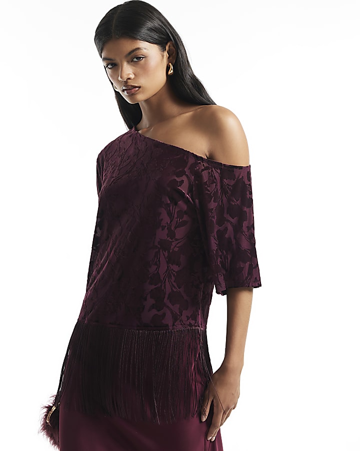 Burgundy One Shoulder Devore Fringe Top
