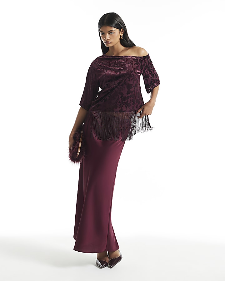 Burgundy One Shoulder Devore Fringe Top