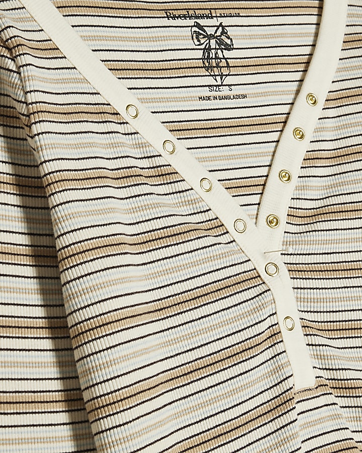 Beige Long Sleeve V Neck Stripe Henley Top