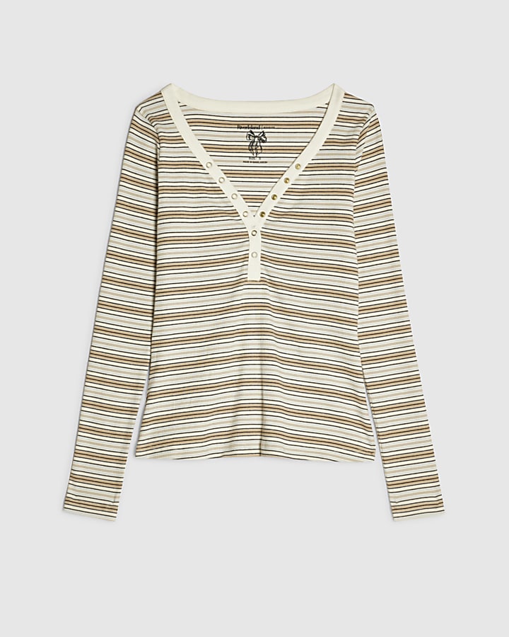 Beige Long Sleeve V Neck Stripe Henley Top