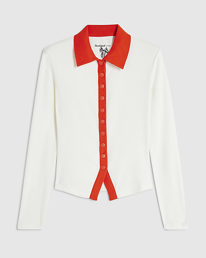 Cream Ribbed Polo Button Down Polo Top