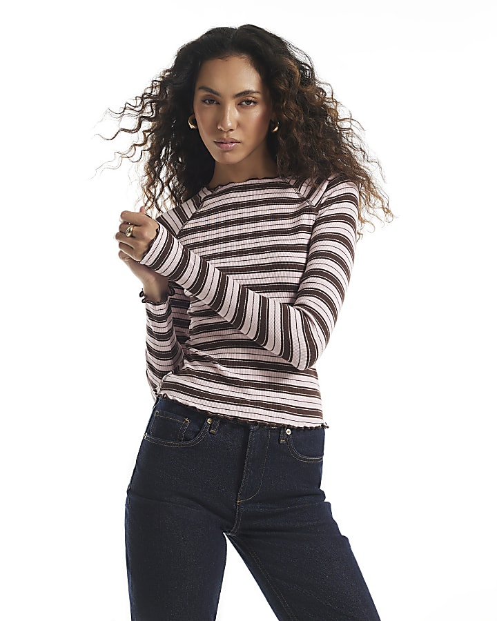 Pink Stripe Ribbed Lettuce Hem Top