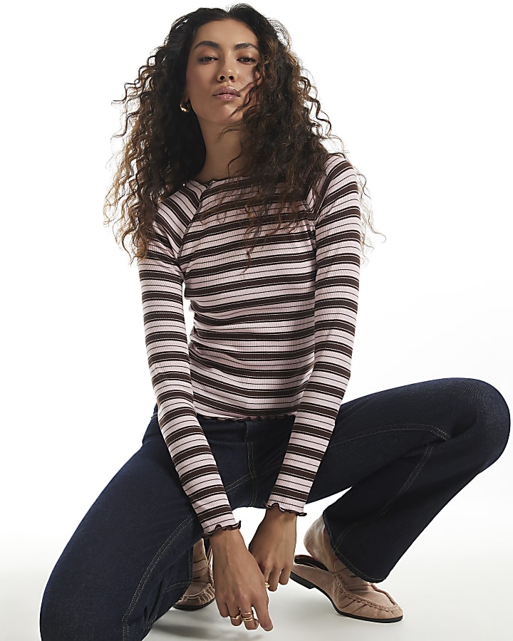 Pink Stripe Ribbed Lettuce Hem Top