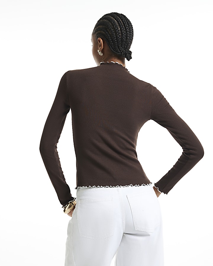 Brown Ribbed Lettuce Hem Top