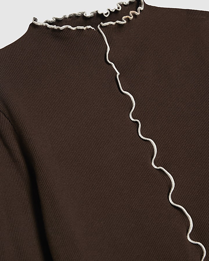 Brown Ribbed Lettuce Hem Top