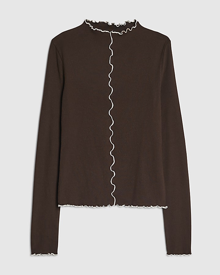 Brown Ribbed Lettuce Hem Top