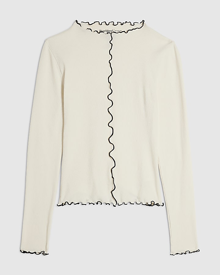 Cream Ribbed Lettuce Hem Top