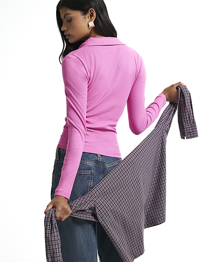 Pink Long Sleeve Rib Polo Top