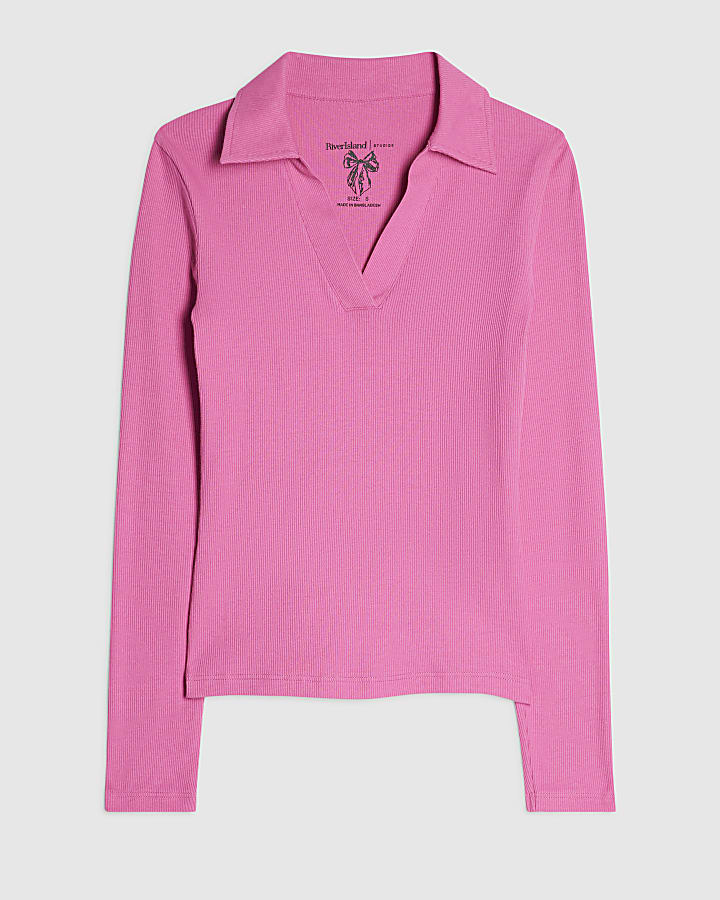 Pink Long Sleeve Rib Polo Top