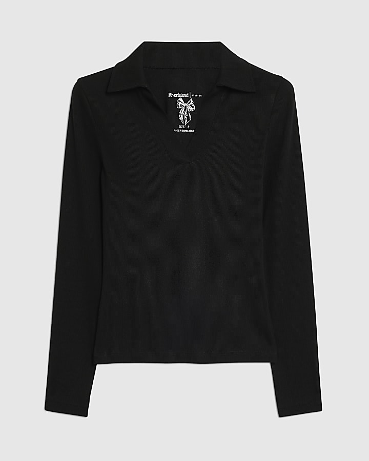 Black Long Sleeve Rib Polo Top