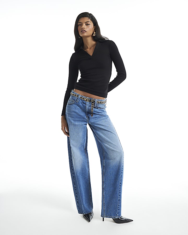 Black Long Sleeve Rib Polo Top