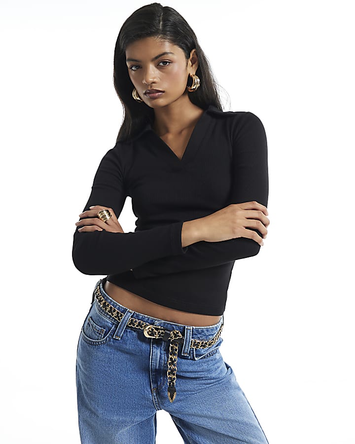Black Long Sleeve Rib Polo Top