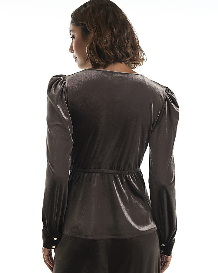Brown Velvet Tie Front Top
