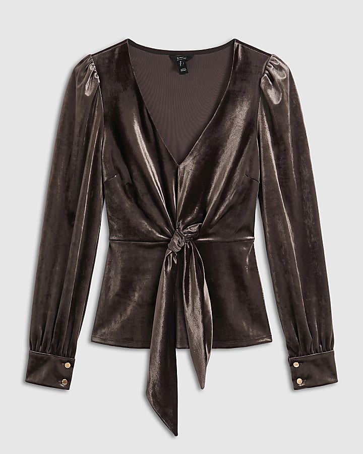 Brown Velvet Tie Front Top