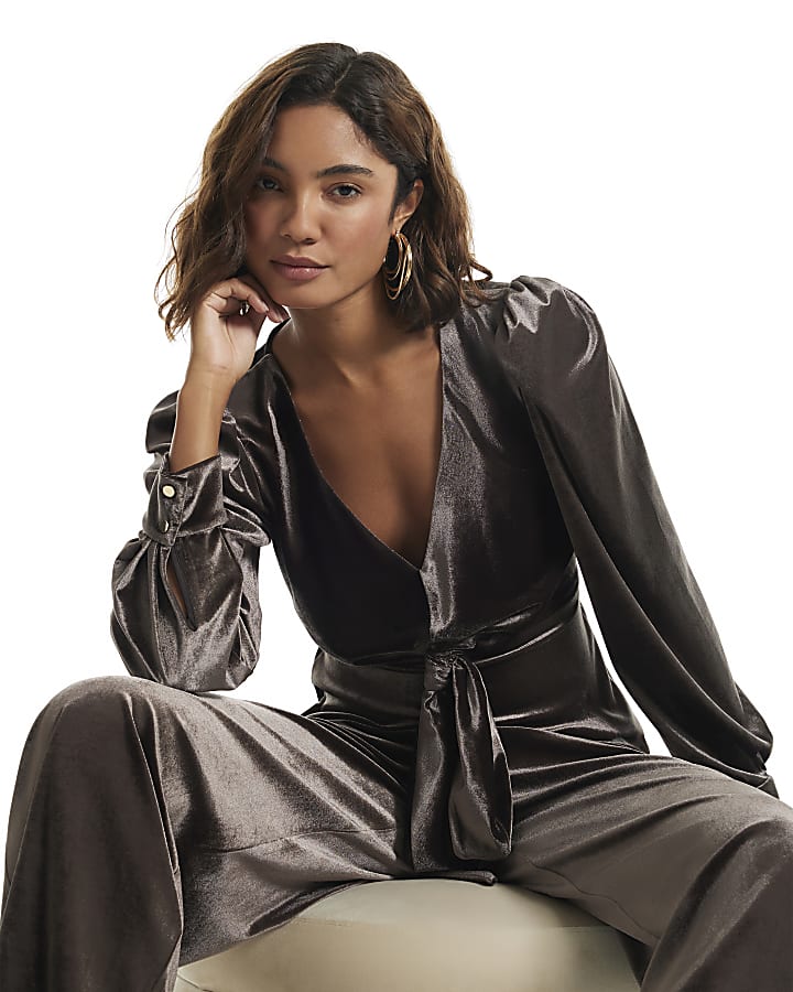 Brown Velvet Tie Front Top