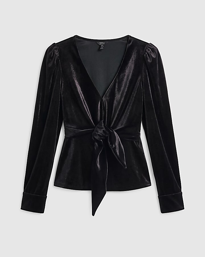 Black Velvet Tie Front Top