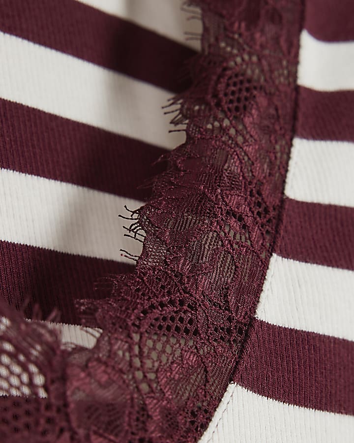 Burgundy Stripe V Neck Lace Trim Top