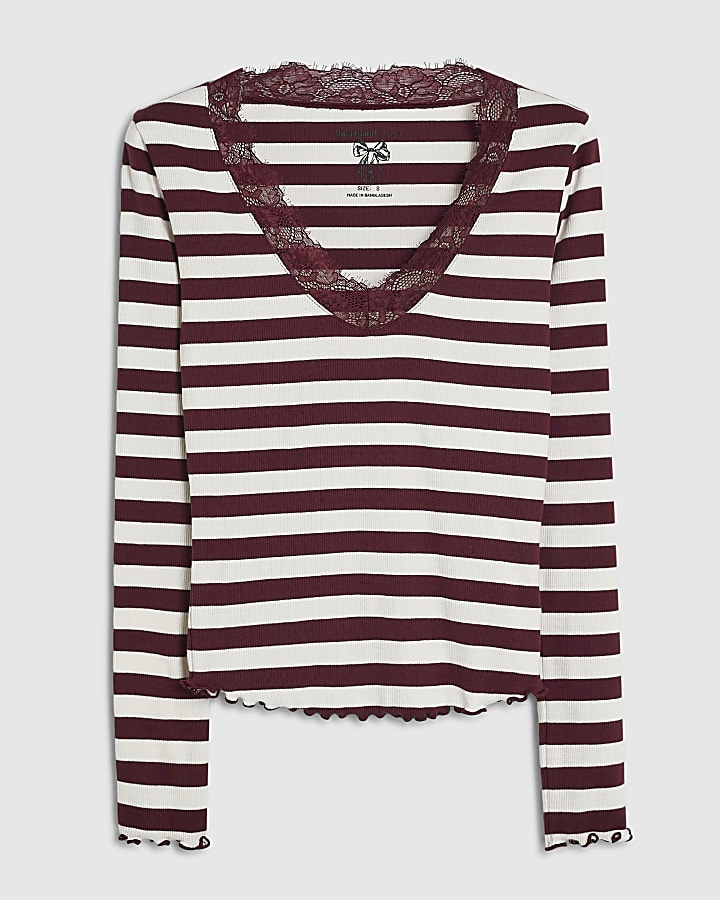 Burgundy Stripe V Neck Lace Trim Top
