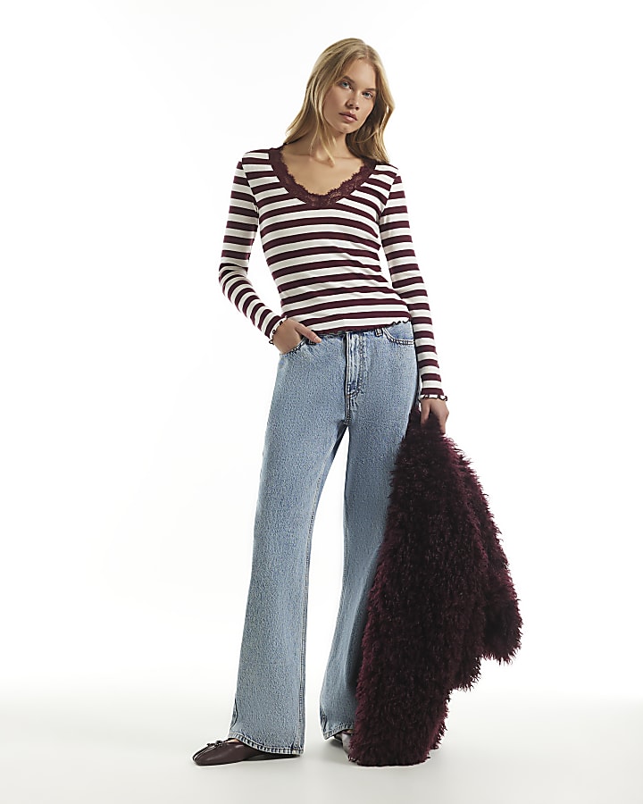Burgundy Stripe V Neck Lace Trim Top