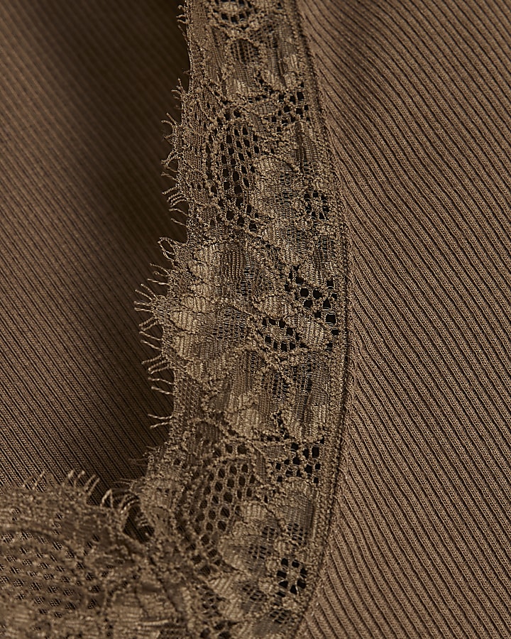 Brown V Neck Lace Trim Top