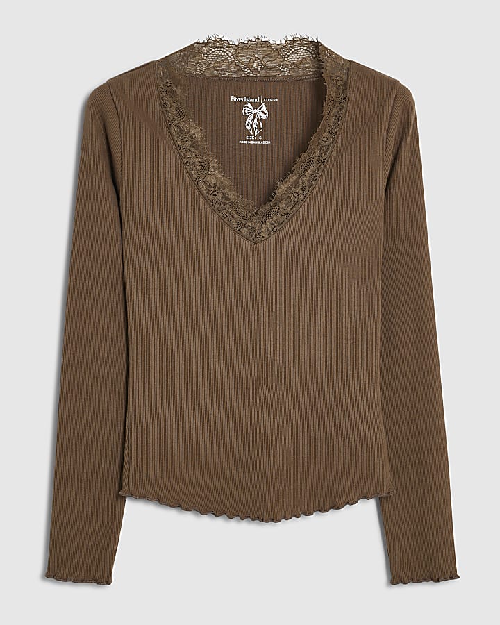 Brown V Neck Lace Trim Top