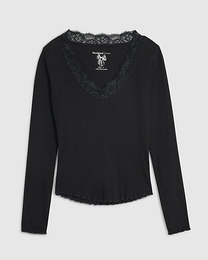 Black V Neck Lace Trim Top